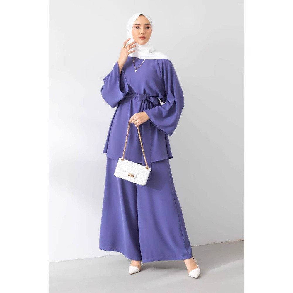 Raya Muslim Two Piece Set Islam Women Lace Up Shirt Wide Leg Pants Suits Ramadan Outfits Modest Abayas Ensembles