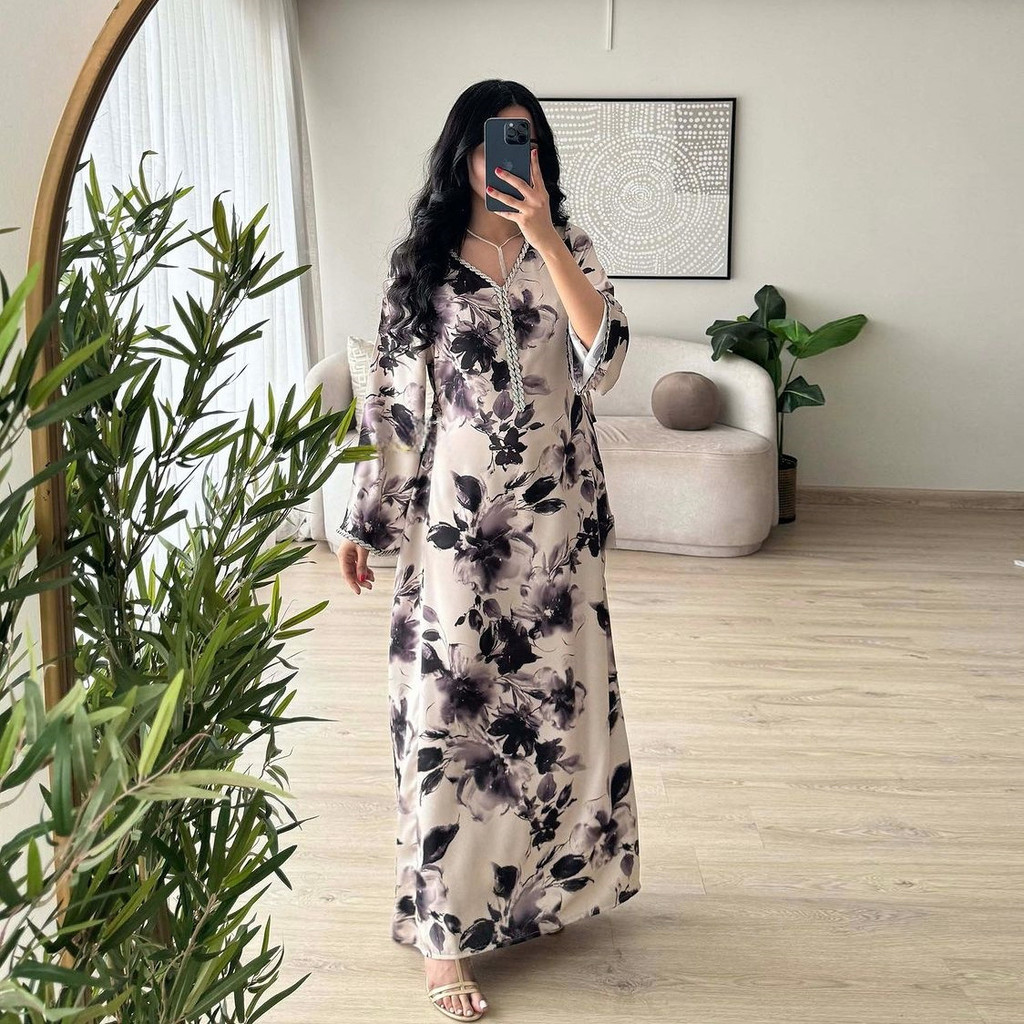 Ramadan Muslim Women Dresses Abaya V Neck Diamond Print Party Long Dress Belt Kaftan Vestidos Dubai Robe