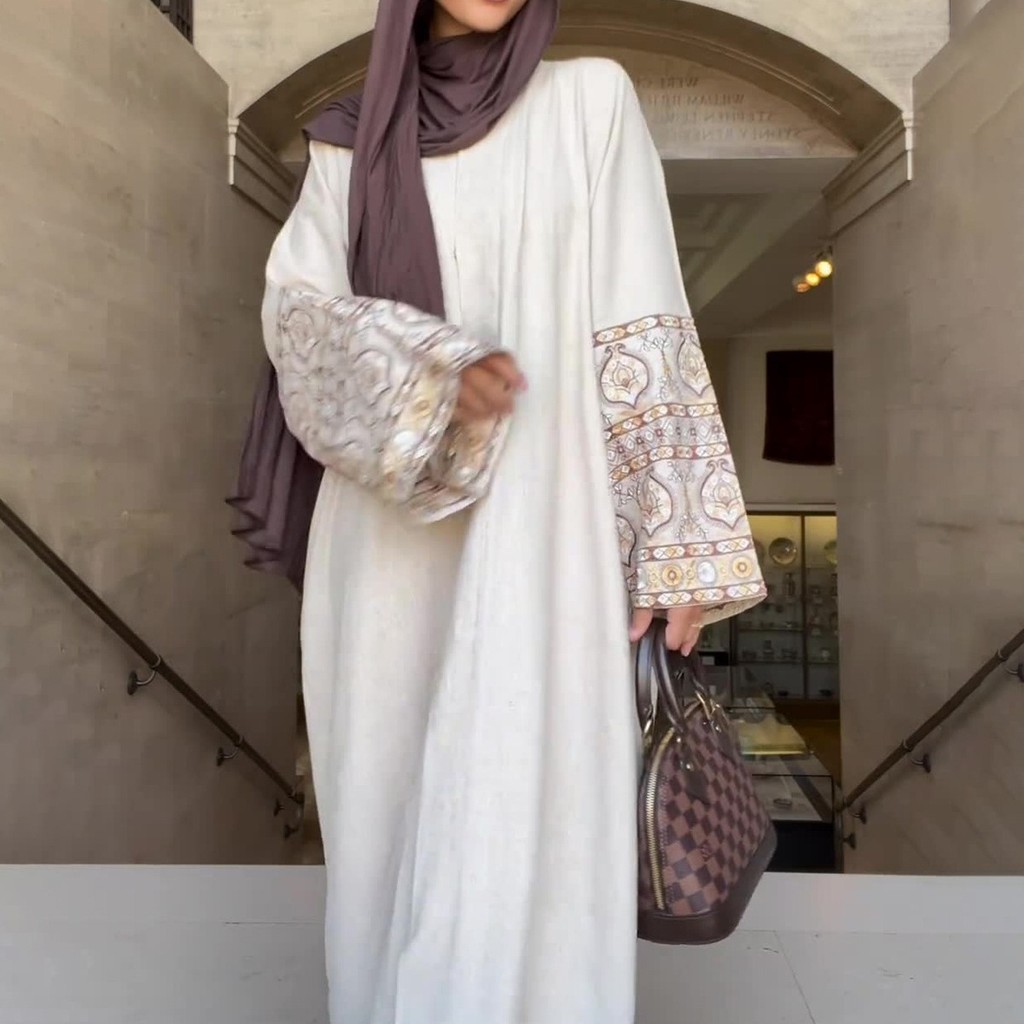 Ramadan Abaya - Printed Middle Eastern Jubah, Puff Sleeve Retro Skirt for Muslim Women