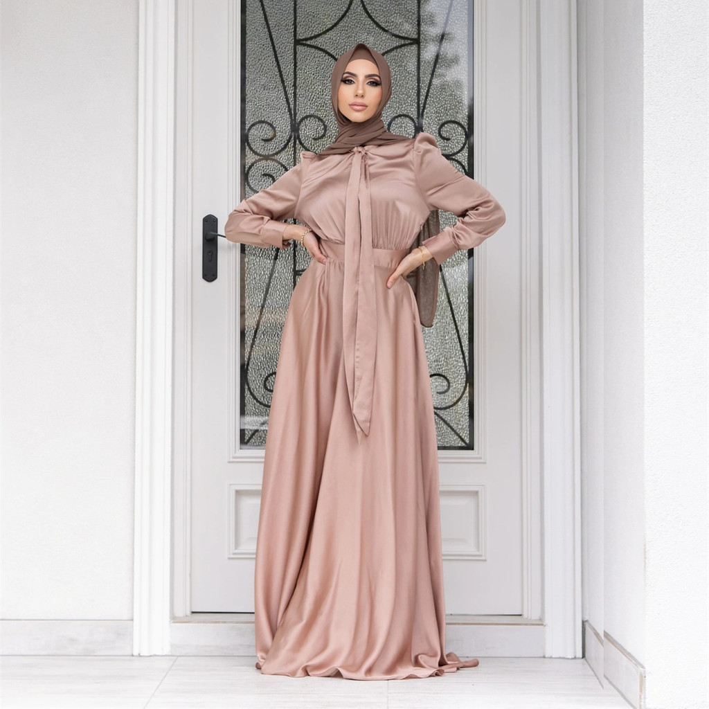 Elegant Satin Dress for Women Muslim Fashion Abaya Hijab Dubai  Arabic Kaftan Robe Female Islamic Clothing