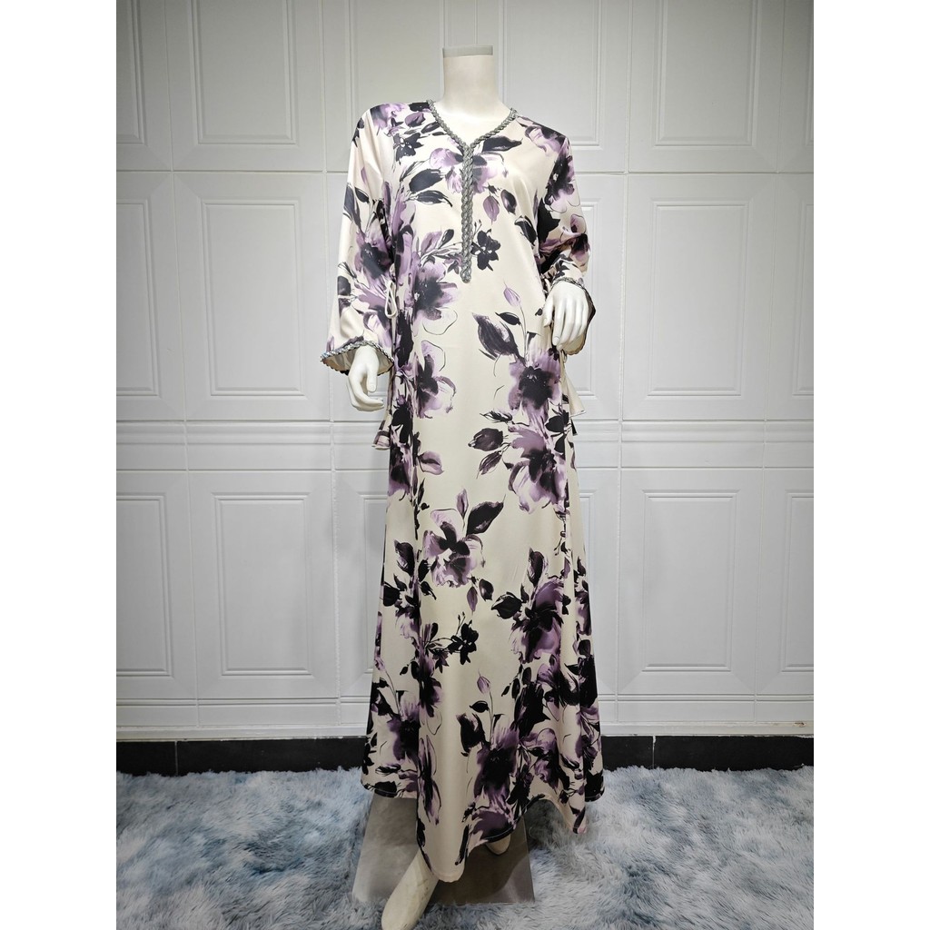 Ramadan Muslim Women Dresses Abaya V Neck Diamond Print Party Long Dress Belt Kaftan Vestidos Dubai Robe