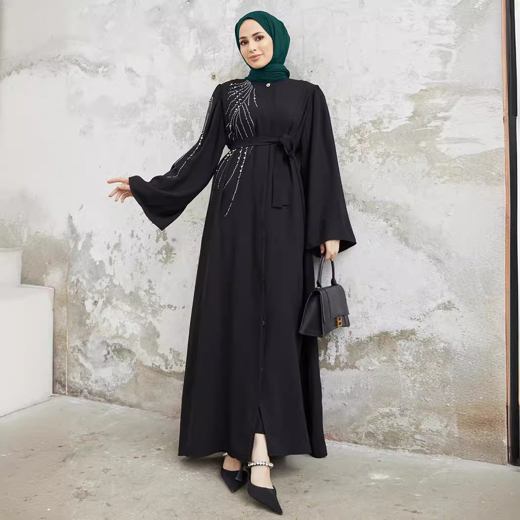 Raya Dubai Diamonds Abaya Kaftan Muslim Women Long Sleeve Maxi Dress Modest Islam Musulman