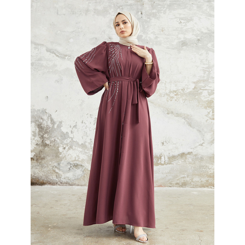 Raya Dubai Diamonds Abaya Kaftan Muslim Women Long Sleeve Maxi Dress Modest Islam Musulman