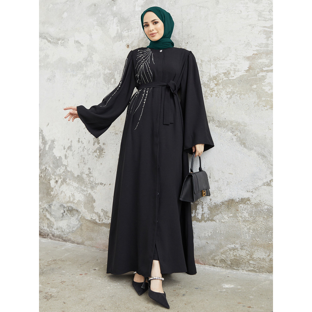Raya Dubai Diamonds Abaya Kaftan Muslim Women Long Sleeve Maxi Dress Modest Islam Musulman