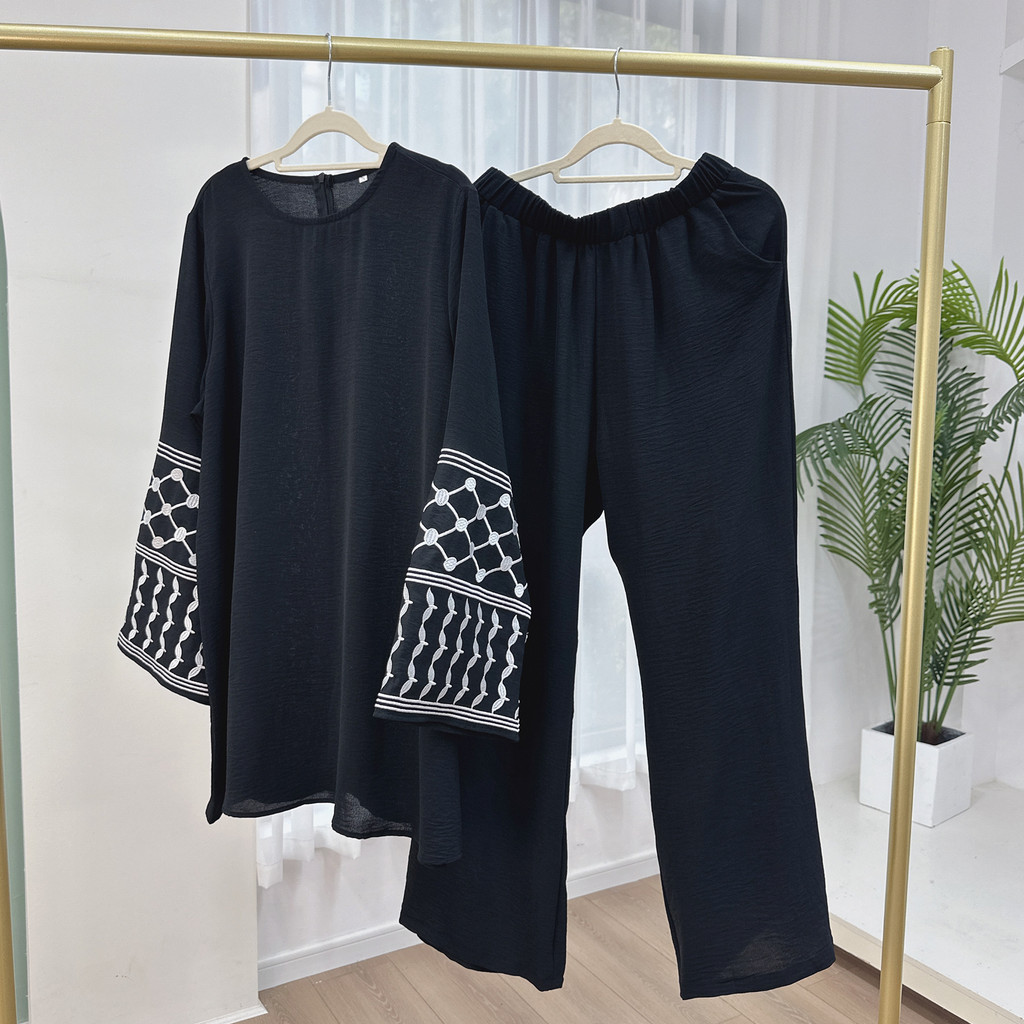 2Pieces Ramadan Djellaba Suits Abaya Dubai Embroidery Shirt + Pants Muslim Sets Abaya Dubai Muslim Islam Abayas