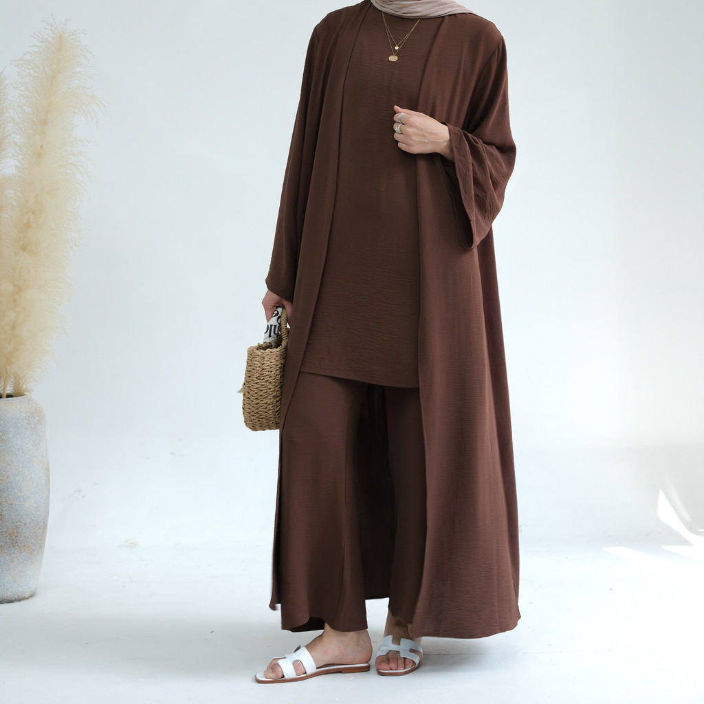 Muslim 3 Piece Set Women Top Cardigan Wide Leg Pants Suit Ramadan Arabic Outfits Dubai Islam Musulman Ensemble