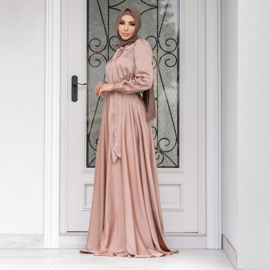 Elegant Satin Dress for Women Muslim Fashion Abaya Hijab Dubai  Arabic Kaftan Robe Female Islamic Clothing