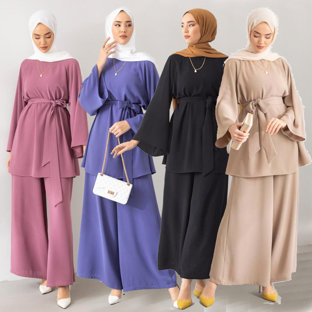 Raya Muslim Two Piece Set Islam Women Lace Up Shirt Wide Leg Pants Suits Ramadan Outfits Modest Abayas Ensembles