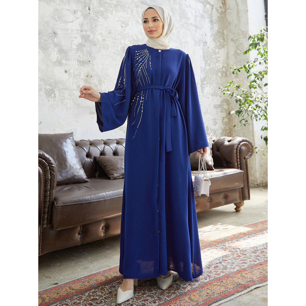 Raya Dubai Diamonds Abaya Kaftan Muslim Women Long Sleeve Maxi Dress Modest Islam Musulman