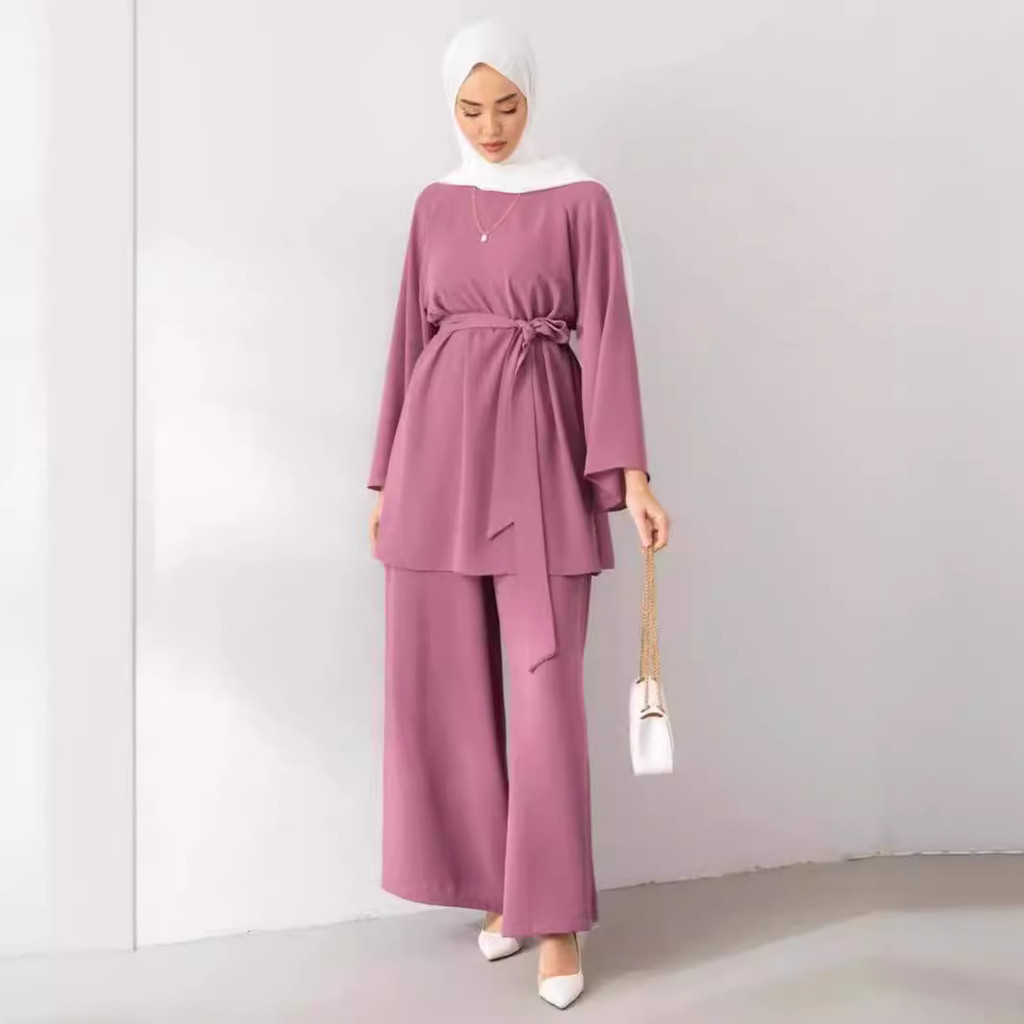 Raya Muslim Two Piece Set Islam Women Lace Up Shirt Wide Leg Pants Suits Ramadan Outfits Modest Abayas Ensembles
