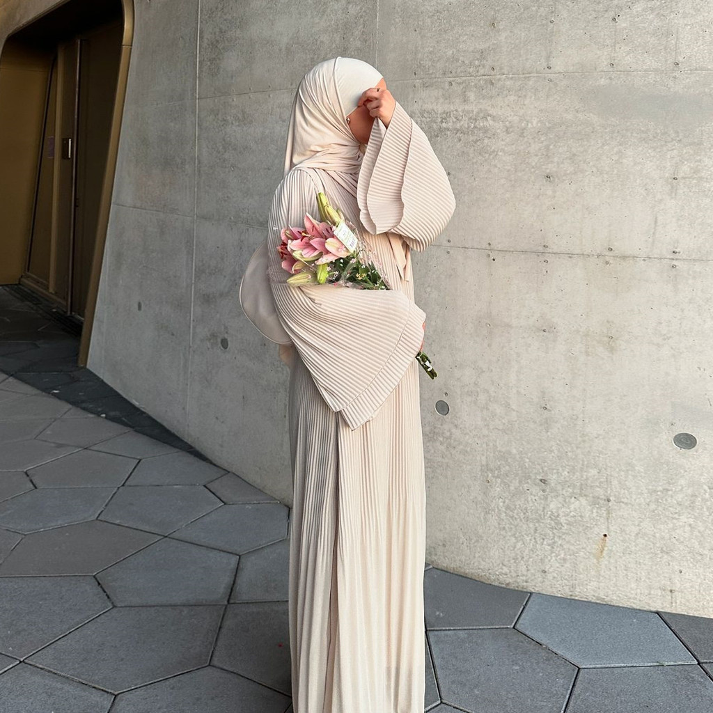 Ramadan Women Muslim Modest Closed Pleated Dresses Long Sleeve Abaya Kaftan Basic Islamic Raya Clothes Dress