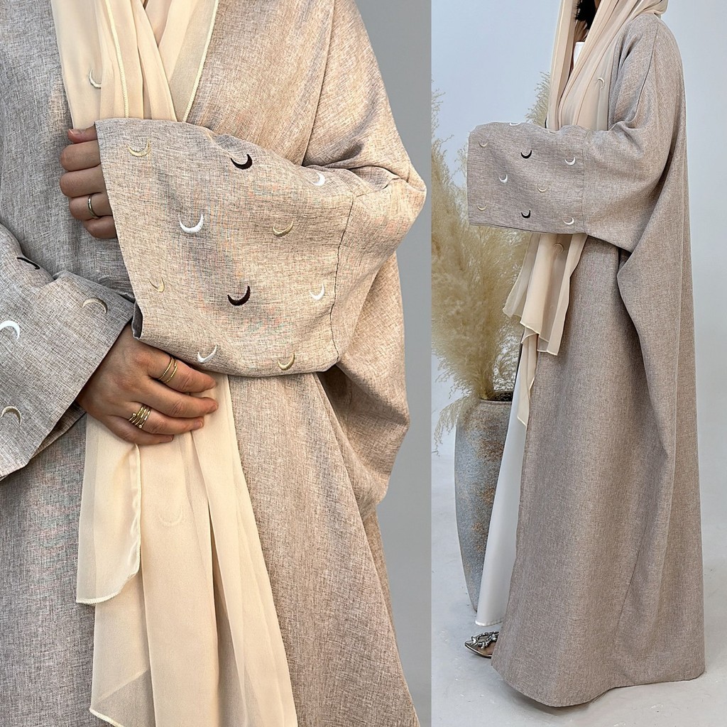Moon Embroidery Open Abaya New Luxury Kimono Coat and Hijab Muslim Sets for Women Islam Retro Modest Clothing for Party
