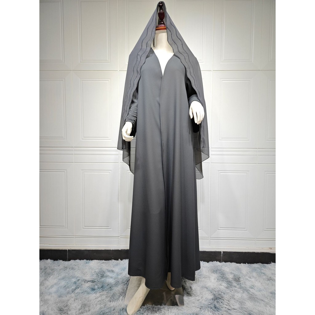 Ramadan Women Gray Black Dubai Khimar Abaya Islam Muslim Kimono Hijab Dress Set Kebaya Kaftan Djellaba Robe