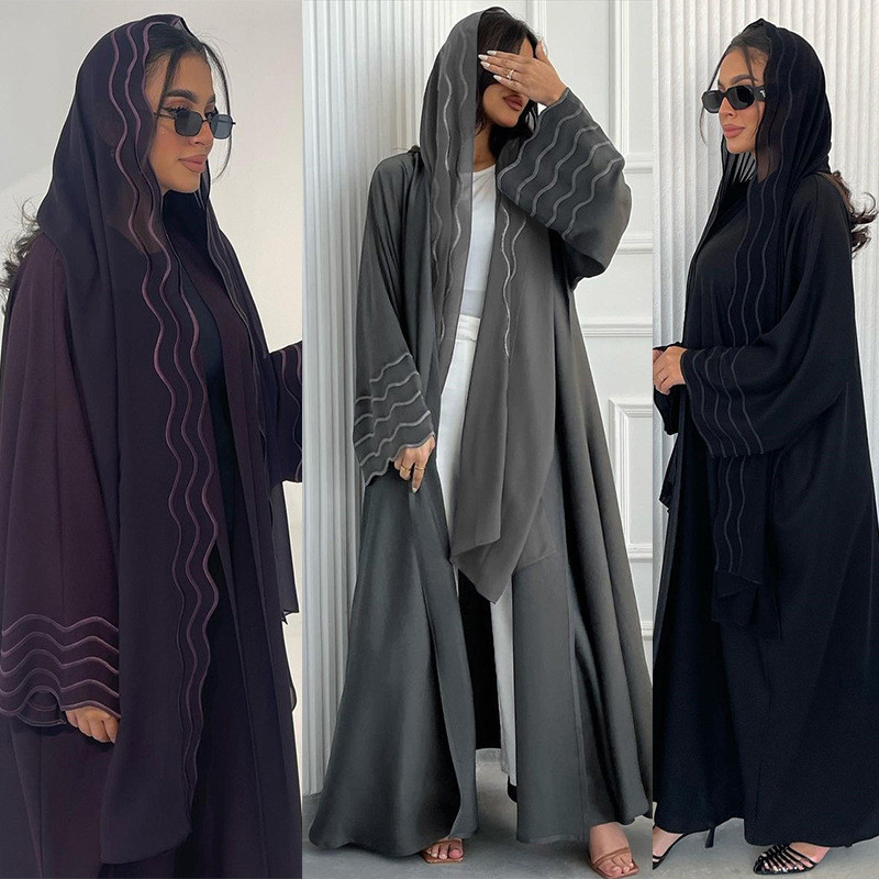 Ramadan Women Gray Black Dubai Khimar Abaya Islam Muslim Kimono Hijab Dress Set Kebaya Kaftan Djellaba Robe