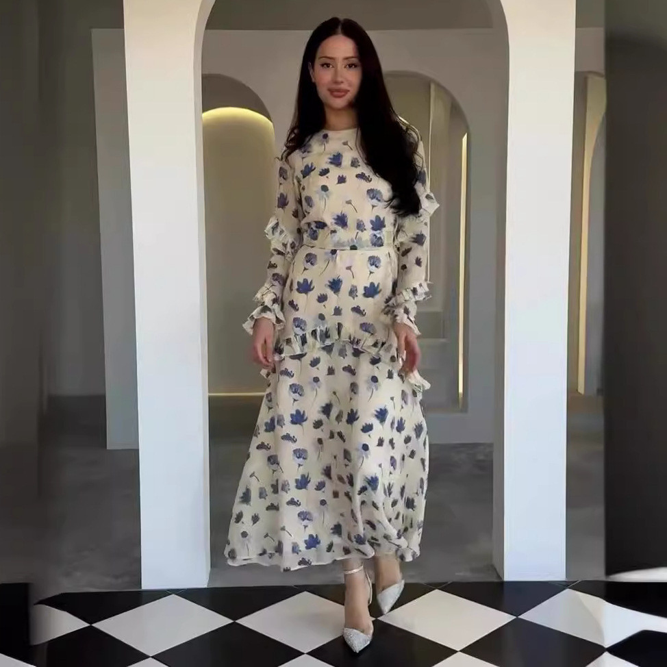 RAYA Muslim Abaya for Women Sweet Party Dresses Ramadan Arab Islam Long Robe Kaftan Dubai Flower Print