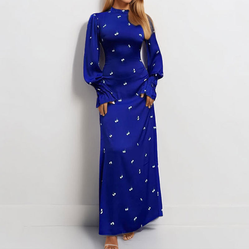 Elegant Black Print Dresses For Women Fashion O-Neck Long Sleeve Dresses Casual New High Waist Lace-Up Ankle