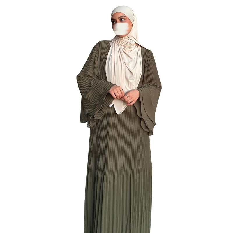 Ramadan Women Muslim Modest Closed Pleated Dresses Long Sleeve Abaya Kaftan Basic Islamic Raya Clothes Dress