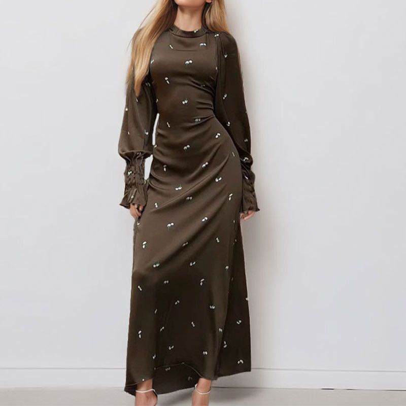 Elegant Black Print Dresses For Women Fashion O-Neck Long Sleeve Dresses Casual New High Waist Lace-Up Ankle