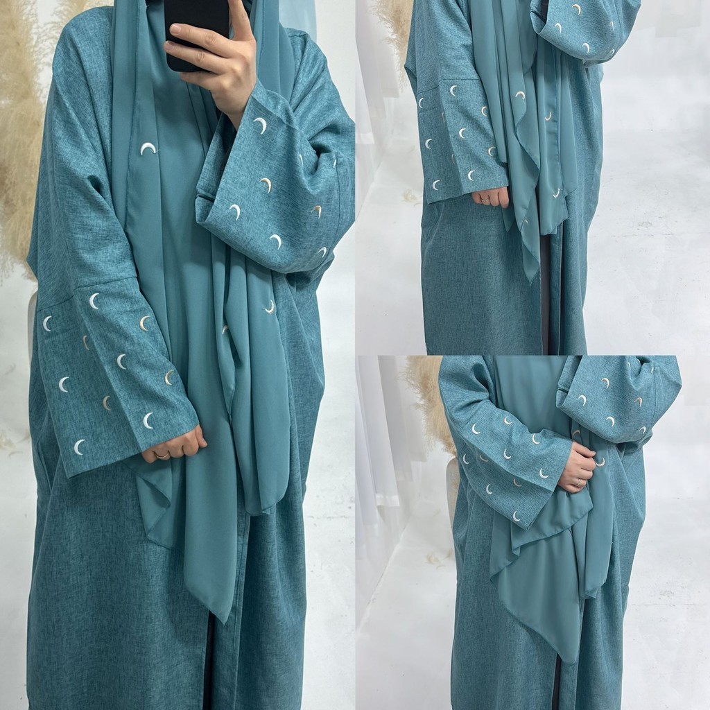 Moon Embroidery Open Abaya New Luxury Kimono Coat and Hijab Muslim Sets for Women Islam Retro Modest Clothing for Party