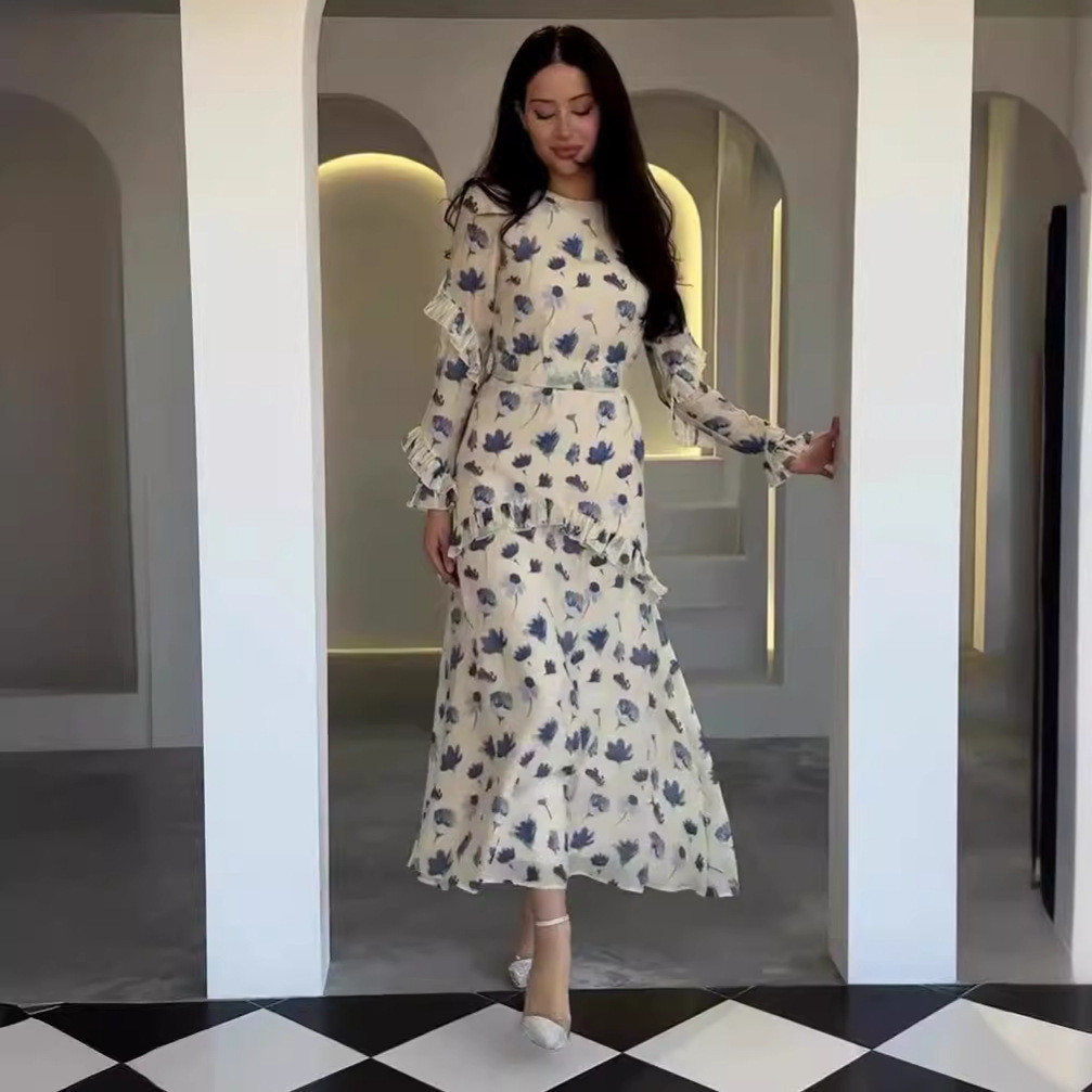 RAYA Muslim Abaya for Women Sweet Party Dresses Ramadan Arab Islam Long Robe Kaftan Dubai Flower Print