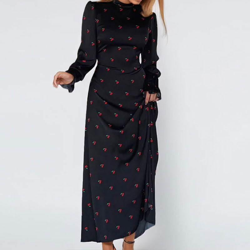 Elegant Black Print Dresses For Women Fashion O-Neck Long Sleeve Dresses Casual New High Waist Lace-Up Ankle