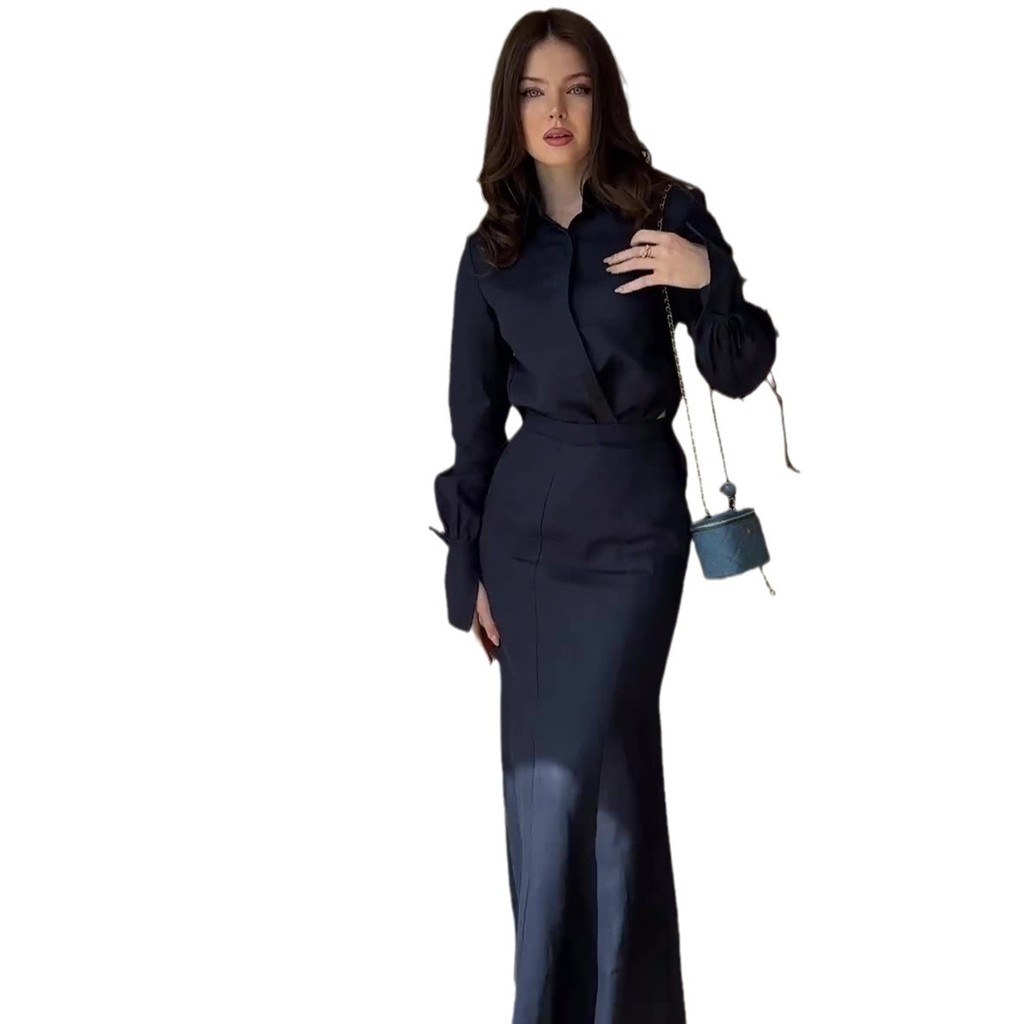Muslim Women 2 Piece Set Buttons Shirt with Skirt Modest Ramadan Dubai Kaftan Islam Shirt Suits