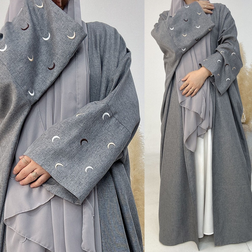 Moon Embroidery Open Abaya New Luxury Kimono Coat and Hijab Muslim Sets for Women Islam Retro Modest Clothing for Party