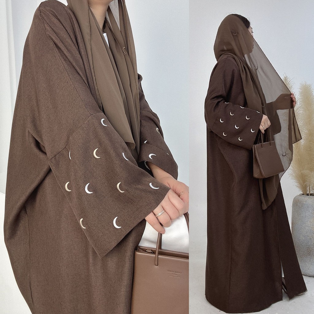 Moon Embroidery Open Abaya New Luxury Kimono Coat and Hijab Muslim Sets for Women Islam Retro Modest Clothing for Party