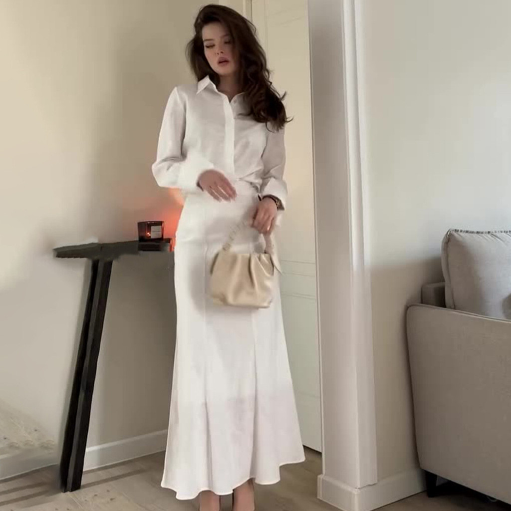 Muslim Women 2 Piece Set Buttons Shirt with Skirt Modest Ramadan Dubai Kaftan Islam Shirt Suits