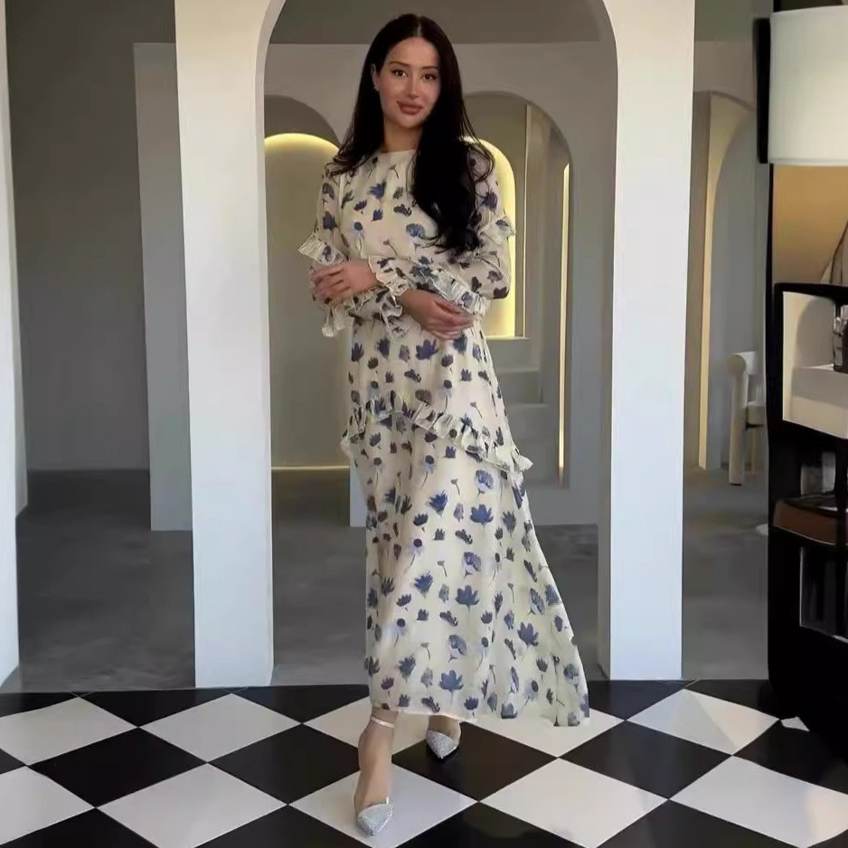 RAYA Muslim Abaya for Women Sweet Party Dresses Ramadan Arab Islam Long Robe Kaftan Dubai Flower Print