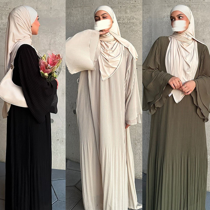 Ramadan Women Muslim Modest Closed Pleated Dresses Long Sleeve Abaya Kaftan Basic Islamic Raya Clothes Dress