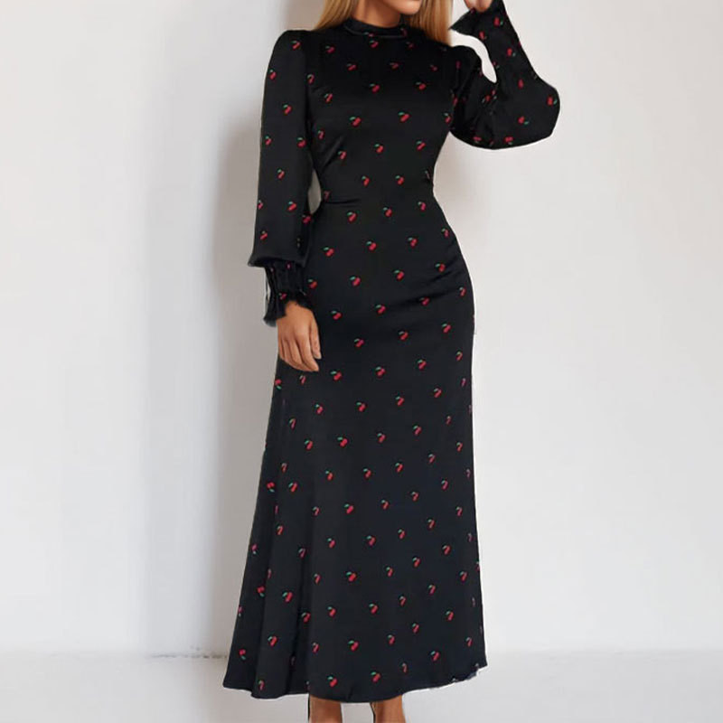 Elegant Black Print Dresses For Women Fashion O-Neck Long Sleeve Dresses Casual New High Waist Lace-Up Ankle
