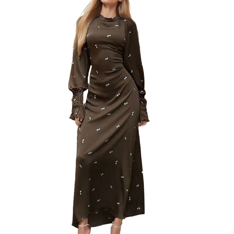 Elegant Black Print Dresses For Women Fashion O-Neck Long Sleeve Dresses Casual New High Waist Lace-Up Ankle