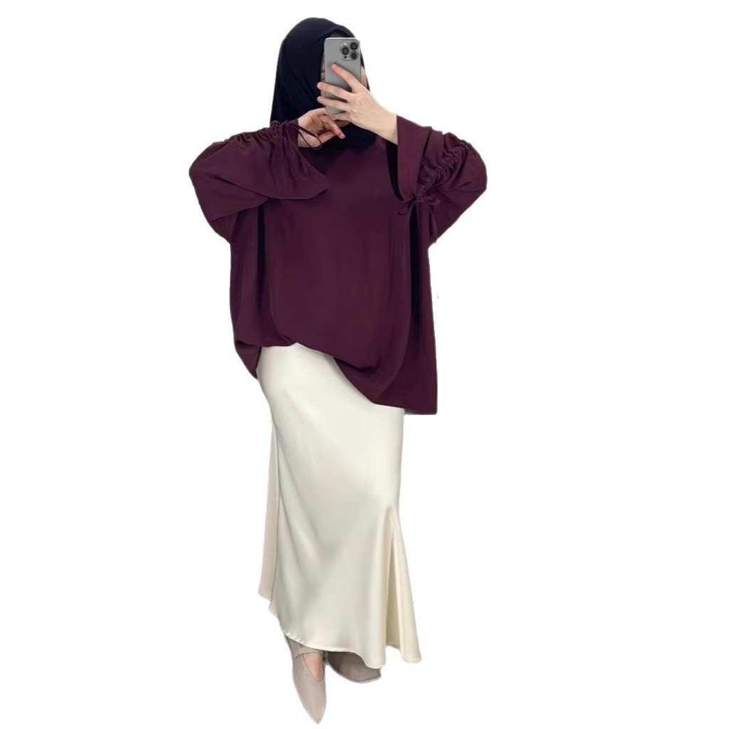 Ramadan New Muslim Casual and Loose Long Sleeve Top and Skirt Contrast Color Suit