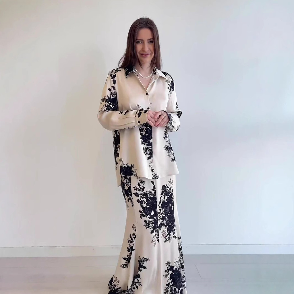 Two Piece Abaya Set Muslim Women Flower Print Shirt Skirt Suits Ramadan Dubai Abayas Islam Outfits Ensemble