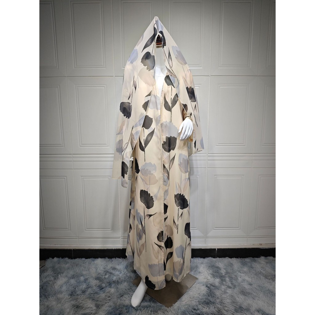 Ramadan Muslim Woman’s Floral Print Long Dresses Modest Elegant Cardigan with Hijab Casual Loose Abayas