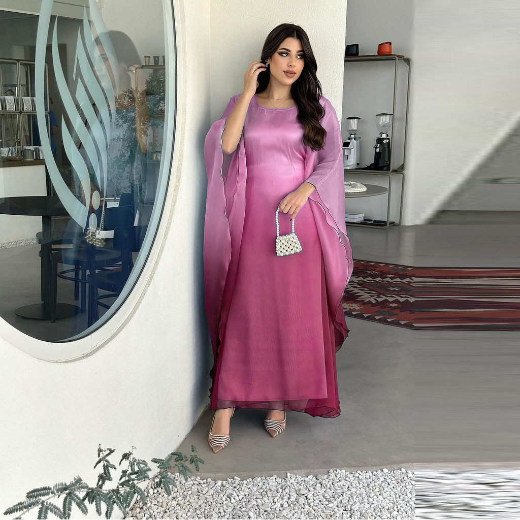Raya Arab Satin Muslim Party Dress for Women Bat Sleeve Abaya Long Dresses Malayu Kaftan Ramadan Gown Robe