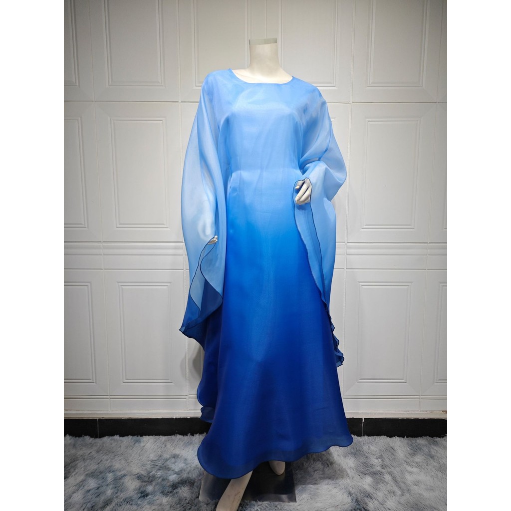 Raya Arab Satin Muslim Party Dress for Women Bat Sleeve Abaya Long Dresses Malayu Kaftan Ramadan Gown Robe