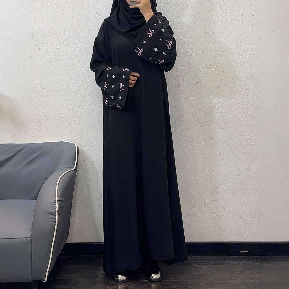 Ramadan Muslim Women Modest Dresses Kaftan Bow Embroidery Dubai Abayas Islam Raya Jubah Arab Long Robe