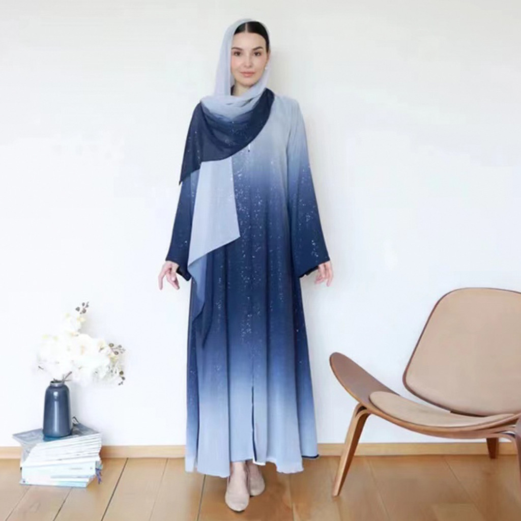 3 Piece Dubai Luxury Shiny Gradient Color Abaya Open Muslim Dresses with Scarf Chiffon Modest Robe Khimar Islamic Caftan