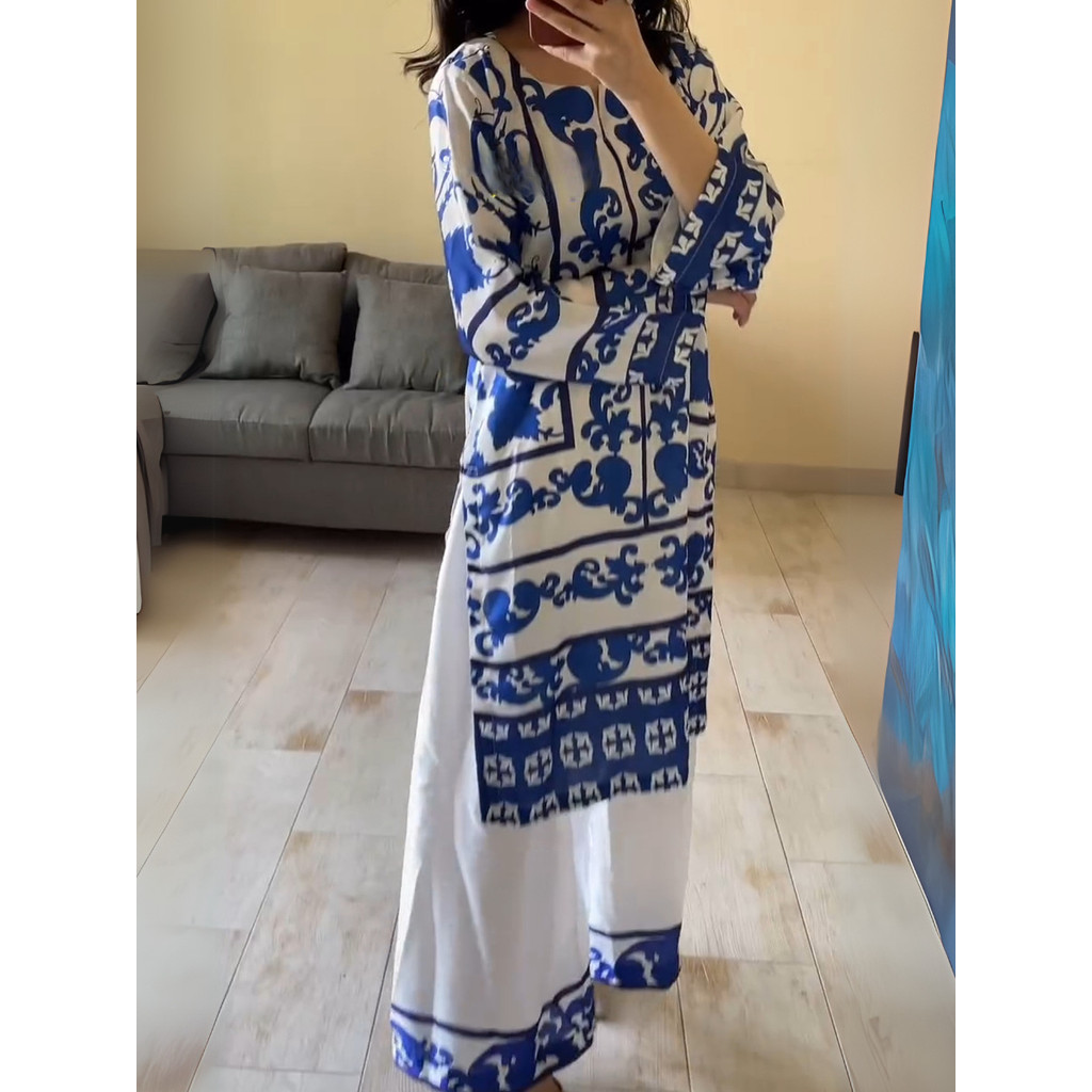 Retro Ethnic O Neck Print Long Sleeved Loose Women Suit Spring Elegant Long Top and Wide Leg Pants Set Women Clothing