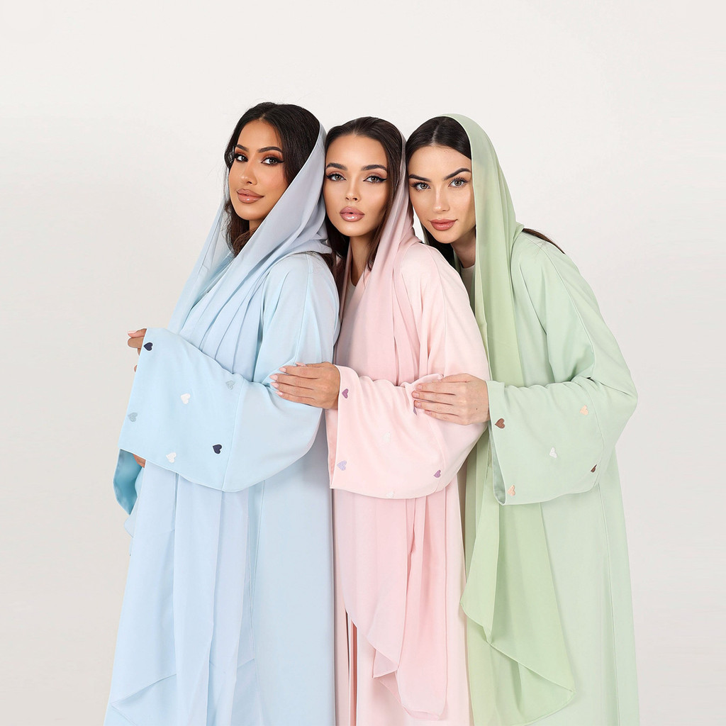 Love Heart Embroidery Muslim Abaya for Women Raya Cardigan Ramadan Abayas Kaftan Islam Dubai Arab Long Robe Jubah