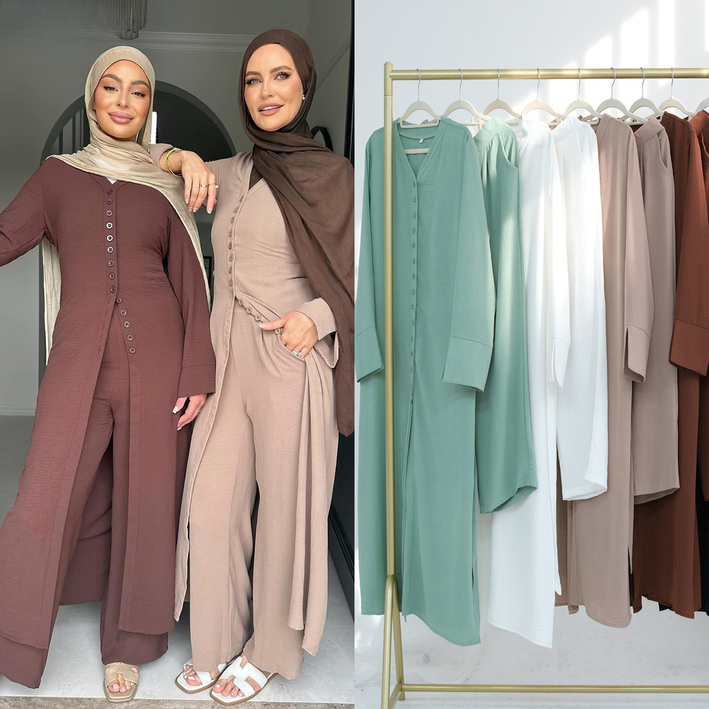 Ramadan Plain 2 Piece Abaya Set Tops Pants Modest Muslim Sets Abayas Prayer Clothes For Women Caftan Jubah Kaftan