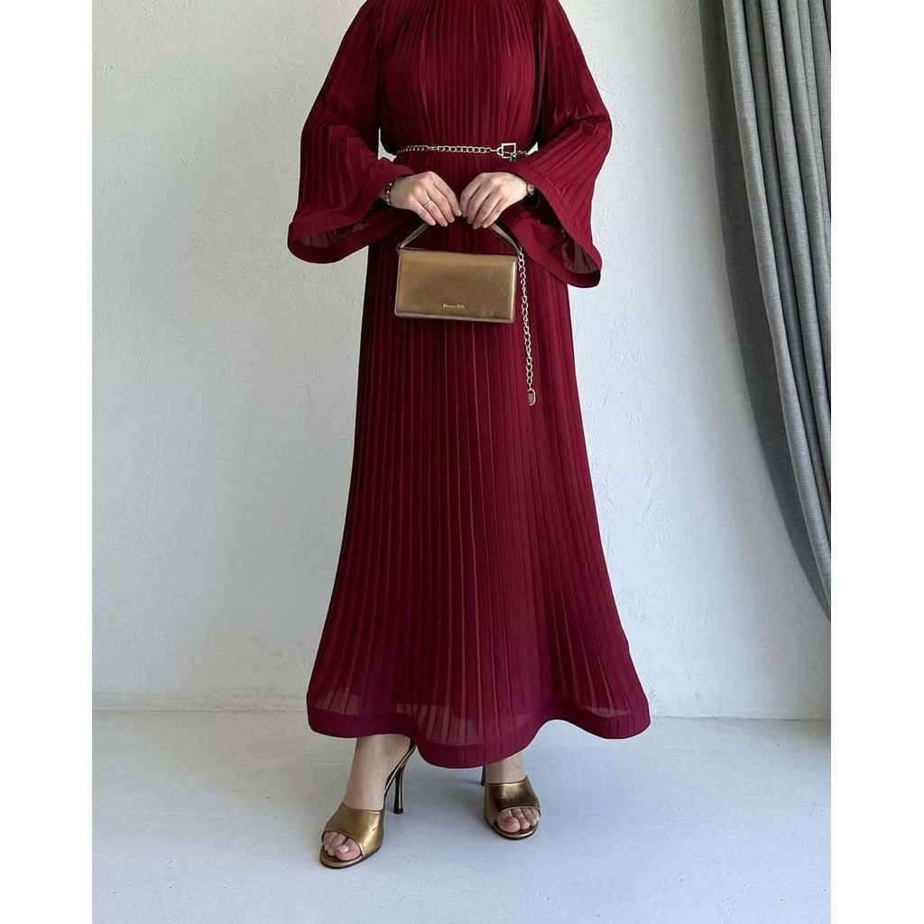 Women Long Sleeve Pleated Dresses Vintage Solid Muslim Abaya Dress Elegant Casual Loose Sundress Islamic Clothing