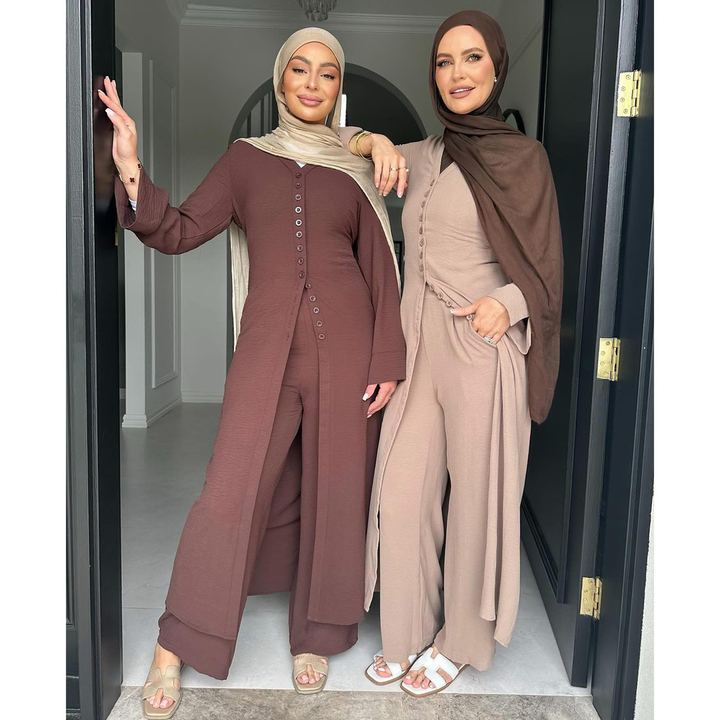 Ramadan Plain 2 Piece Abaya Set Tops Pants Modest Muslim Sets Abayas Prayer Clothes For Women Caftan Jubah Kaftan
