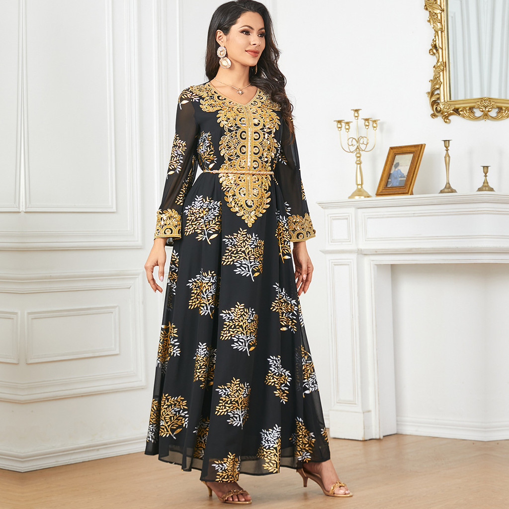 Summer Middle East Arab New Floral Gold Plated Women Dresses Party Dresses Malayu Kaftan with Customized Belt