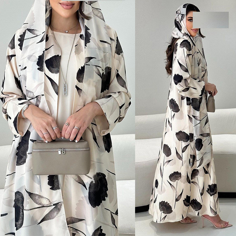 Ramadan Muslim Woman’s Floral Print Long Dresses Modest Elegant Cardigan with Hijab Casual Loose Abayas