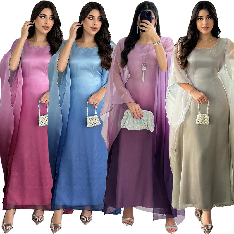 Raya Arab Satin Muslim Party Dress for Women Bat Sleeve Abaya Long Dresses Malayu Kaftan Ramadan Gown Robe