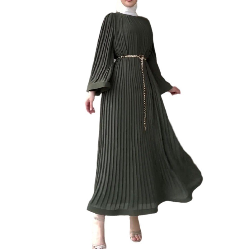 Women Long Sleeve Pleated Dresses Vintage Solid Muslim Abaya Dress Elegant Casual Loose Sundress Islamic Clothing