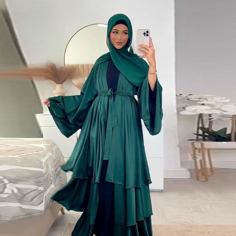 Raya Abayas for Women Muslim Satin 3 Layers Ramadan Robe Cake Dress Ramadan Caftan Long Dresses Cardigan Jubah
